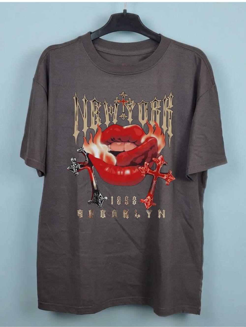 Gildan Dark Gray Graphic Tee with Red Lip & Cross Artwork